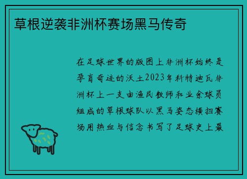 草根逆袭非洲杯赛场黑马传奇