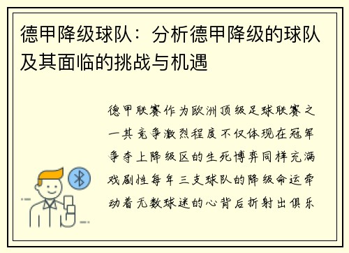 德甲降级球队：分析德甲降级的球队及其面临的挑战与机遇