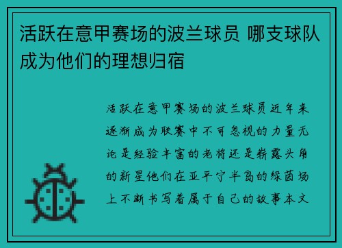 活跃在意甲赛场的波兰球员 哪支球队成为他们的理想归宿