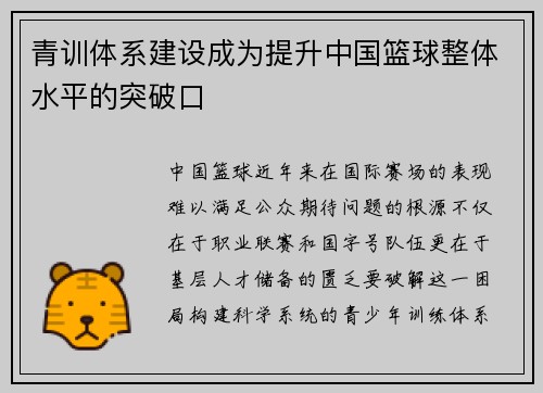 青训体系建设成为提升中国篮球整体水平的突破口